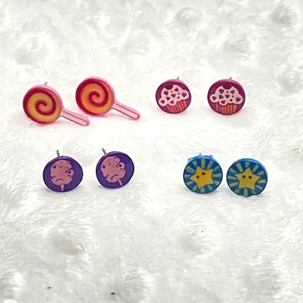 Children's (4) Pairs of "Stars & Sweets" Themed Pierced Earrings-NEW